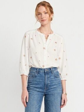 White Cotton Floral Embroidered Blouse XL Cottagecore Romantic Button Front Top